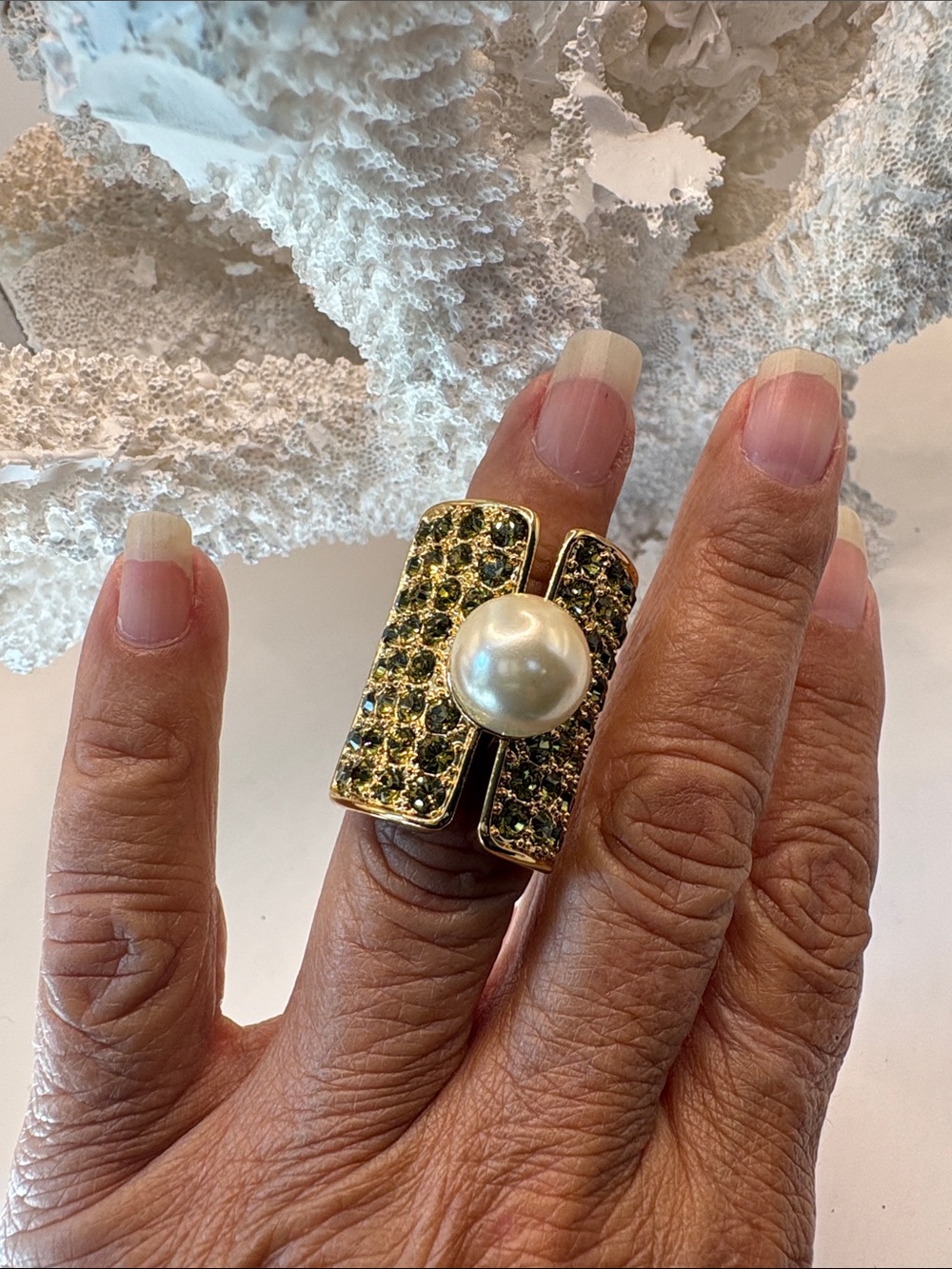 Trina Turk Gold Toned Statement Ring with Green Crystals and Pearl Accent